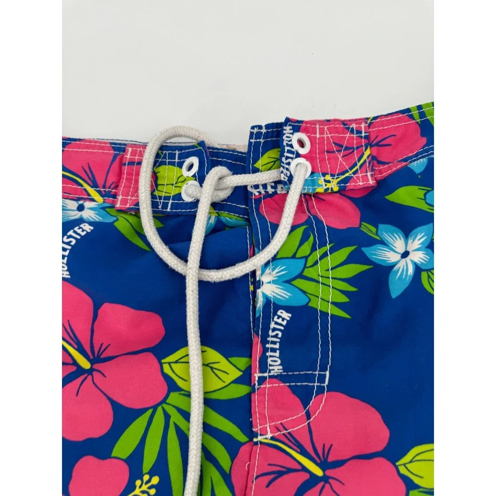Hollister Board Shorts Men Large Blue Pink Hibiscus Floral Surf Beach Swim Trunk